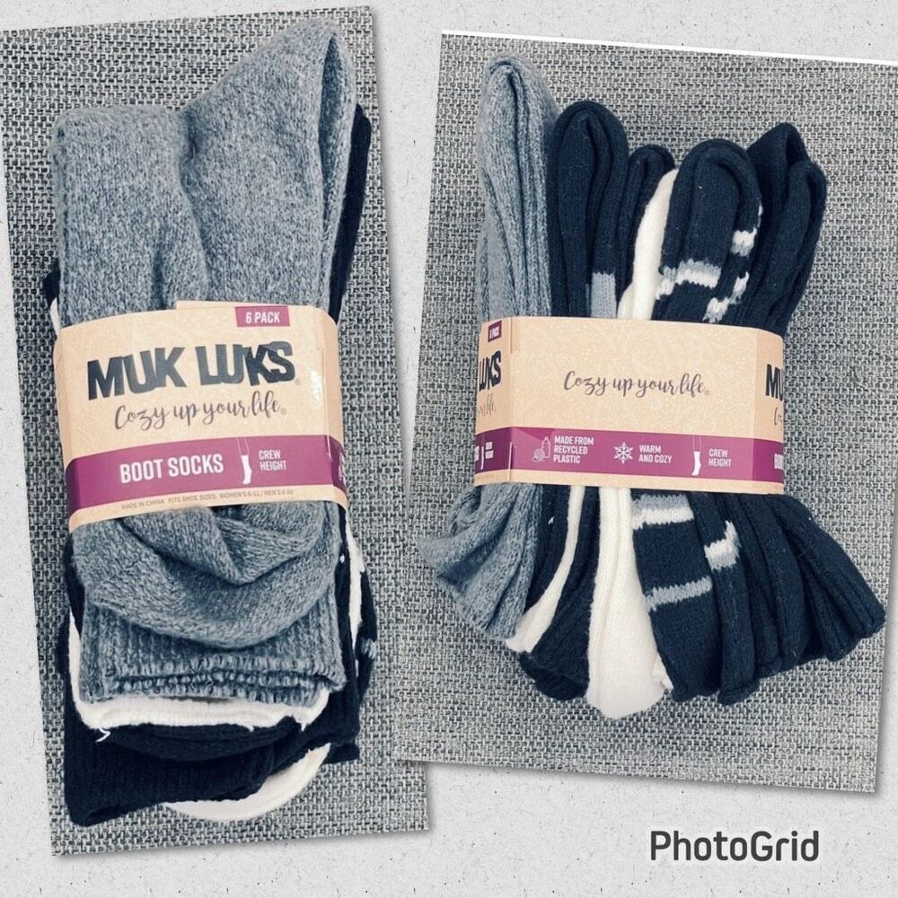 NWT Gorgeous 6 MUK LUKS Grey White black Cushioned Soft Boot Socks Crew Height